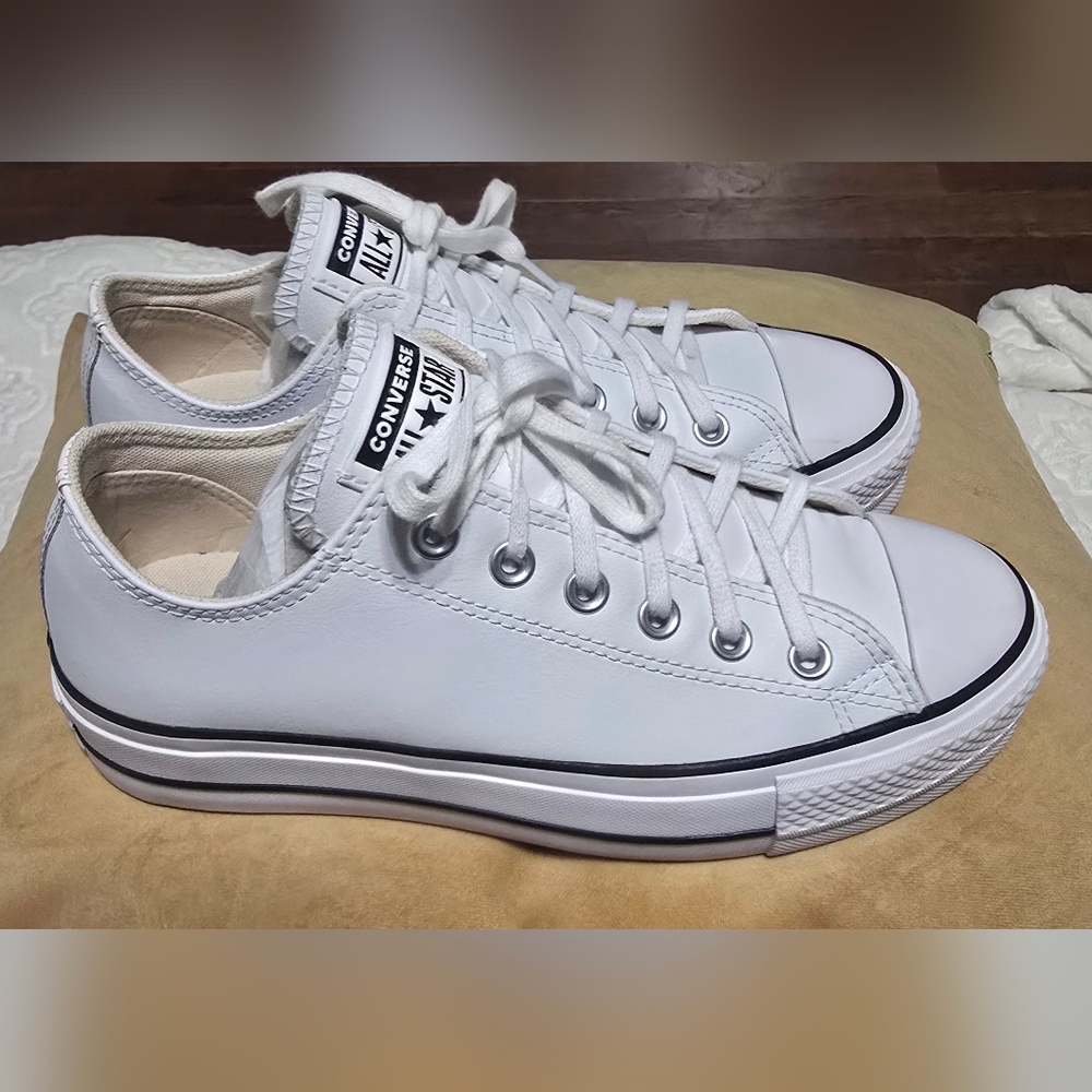 Converse White Low Top Platform Sneakers with Black Trim - Picture 9 of 12